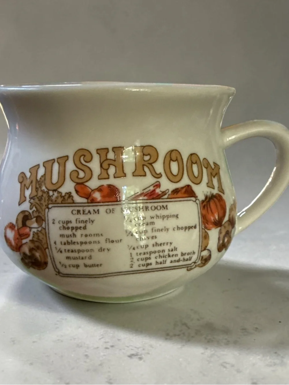 Vintage Mushroom Recipe Ceramic Mug- White and Brown